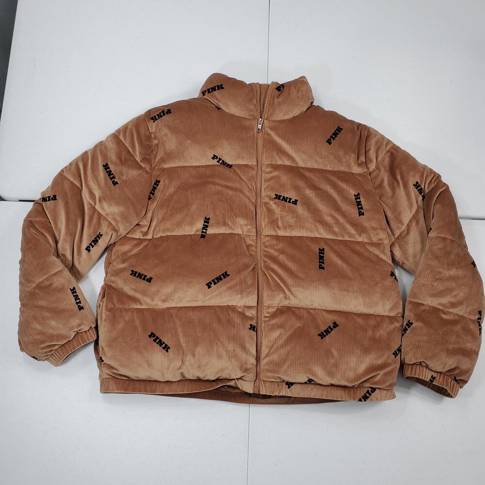 PINK Victoria's Secret Puffer Jacket Womens XL Brown Corduroy Logo Short Warm